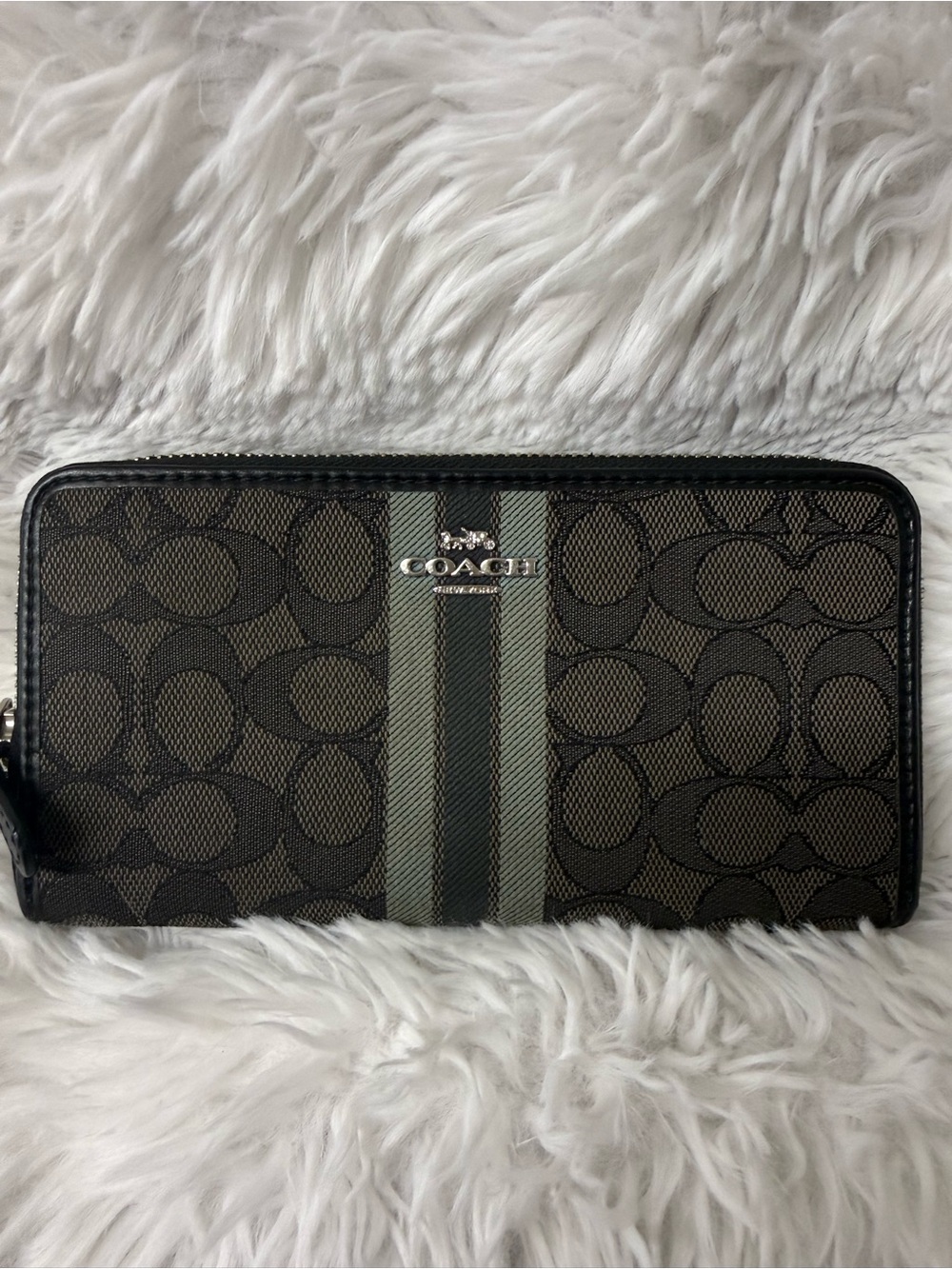 Coach Brown Signature Zip Wallet with Green Center Stripe